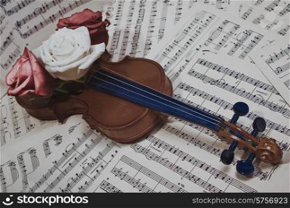 old violin with musical notes and rose closeup