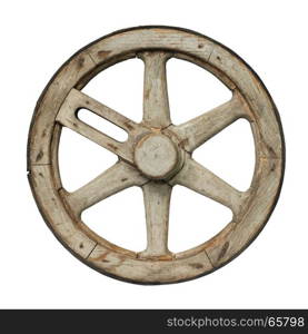 Old waggon wheel. Isolated objects: one very old wooden waggon wheel on white background