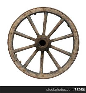 Old waggon wheel. Isolated objects: one very old wooden waggon wheel on white background