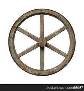 Old waggon wheel. Isolated objects: one very old wooden waggon wheel on white background