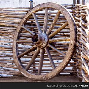 old wagon wheel at a farm