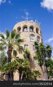 Old watch tower in Puerto Banus near Marbella in Spain, Andalusia region, Malaga province.