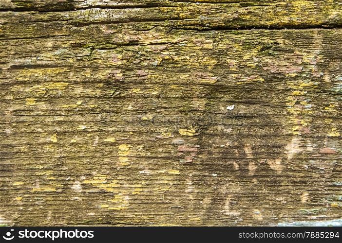 Old weathered grunge wooden board with peeling and faded paint as background