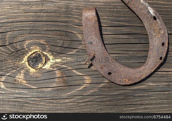 Old weathered wooden board with knurl and rusty horseshoe