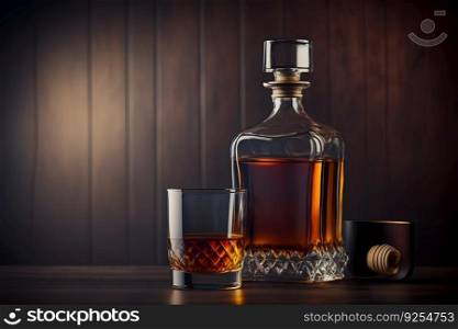 Old whiskey glass close to v∫a≥bott≤on wooden tab≤. Neural≠twork AI≥≠rated art. Old whiskey glass close to v∫a≥bott≤on wooden tab≤. Neural≠twork≥≠rated art
