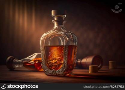 Old whiskey glass close to vintage bottle on wooden table. Neural network AI generated art. Old whiskey glass close to vintage bottle on wooden table. Neural network generated art
