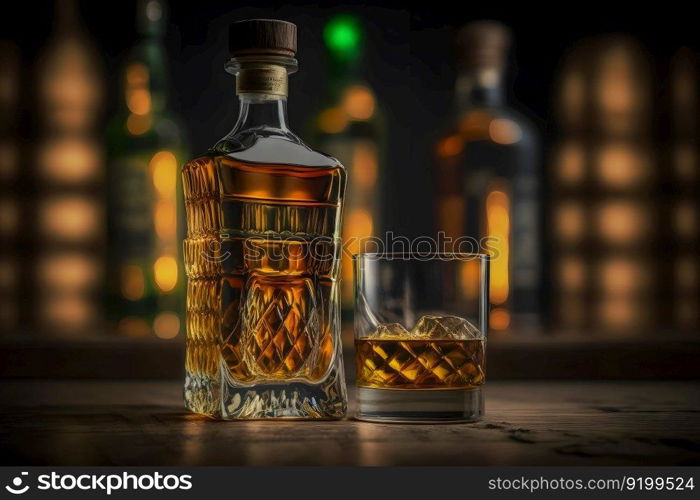 Old whiskey glass close to vintage bottle on wooden table. Neural network AI generated art. Old whiskey glass close to vintage bottle on wooden table. Neural network generated art