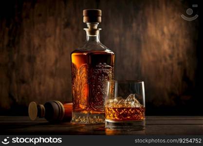 Old whiskey glass close to vintage bottle on wooden table. Neural network AI generated art. Old whiskey glass close to vintage bottle on wooden table. Neural network generated art