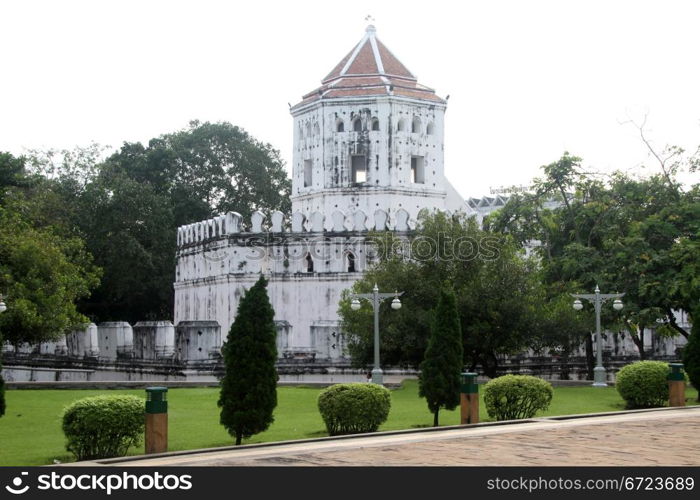 Old white fort Phra Sumen in Santichaiprakan Park, Bangkok, Thailand