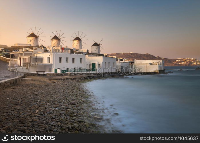 Old Windmills in Chora at Sunrise, Mykonos, Greece