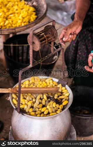 Old woman boiling silkworm cocoons in pot, traditional sericulture Thai silk making in Countryside, Thailand