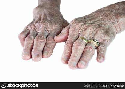 old woman hand with wedding ring on white background. Old woman hand