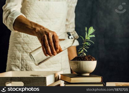 Old woman watering a growing plant over a pile of books, personal growing concept, copy space