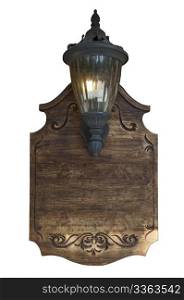 Old wood notice board with lamp.