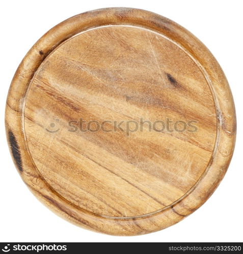 old wood round cutting board with scratches and texture, isolated on white