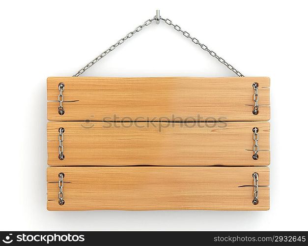 Old wood signboard on chain. 3d