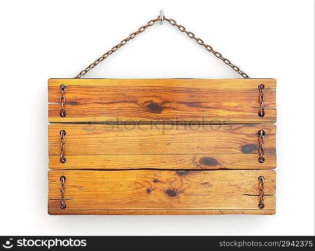 Old wood signboard on chain. 3d