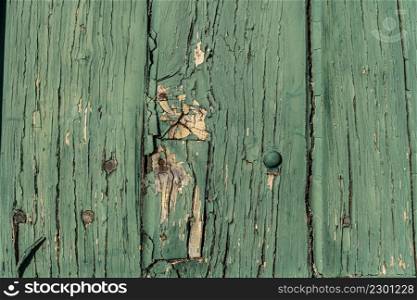 Old wood texture distressed grunge background, scratched green paint on planks of wood wall