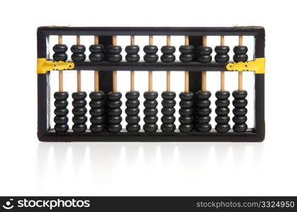 Old wooden abacus on white background with reflextion.