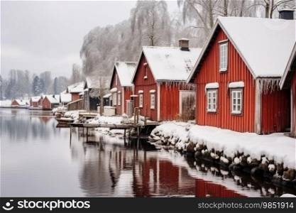 Old wooden barns and red houses on the river bank, covered with snow in winter. Old red wooden barns on the river bank, covered with snow in winter
