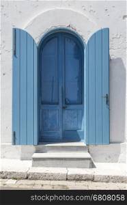 Old wooden blue door background