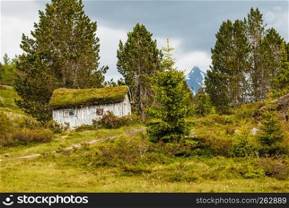 Old wooden cabin hytte with grass on the roof in norwegian green mountains. Beautiful landscape in Norway, Scandinavia. Old wooden cabin in forest Norway