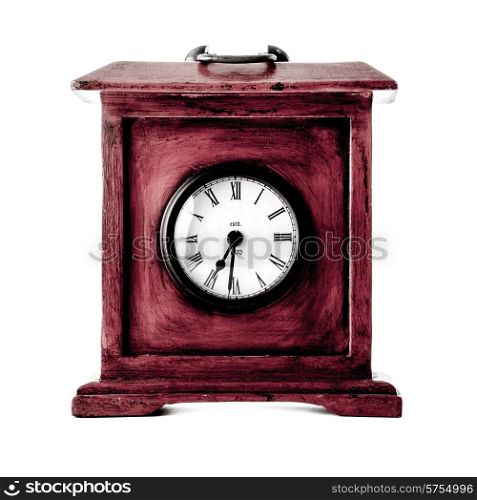 Old wooden clock on white background.