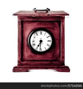 Old wooden clock on white background.