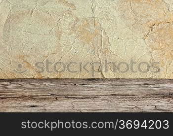 Old wooden deck table with vintage grunge background