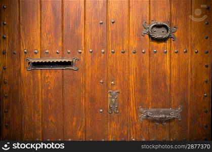 Old wooden door with mail box