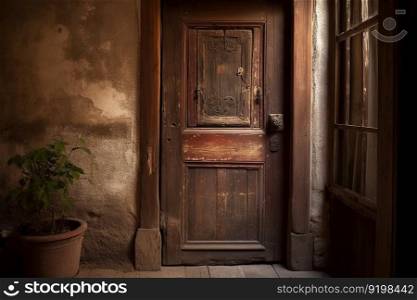 Old wooden door with post opening  created by AI