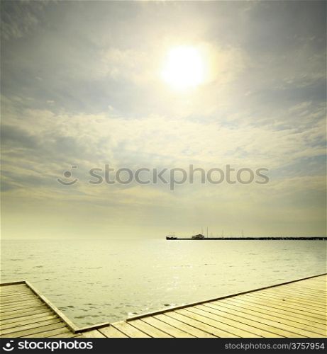 old wooden empty pier jetty at the sea sunrise or sunset - Sopot Poland