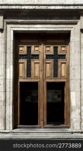 Old wooden entrance door of the church in Valladolid,