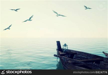 Old wooden fishing boat floating over calm blue sea and sky, 3D rendering
