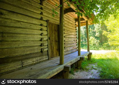 Old wooden house in the green forest