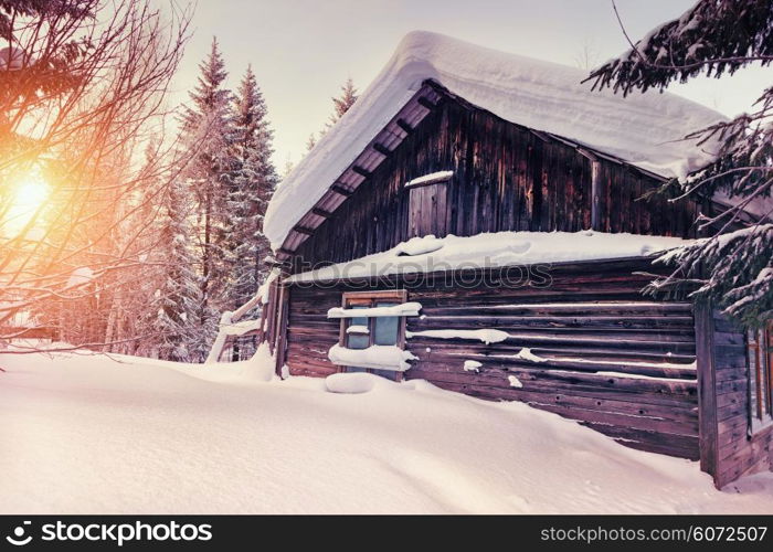old wooden house in winter landscape photo