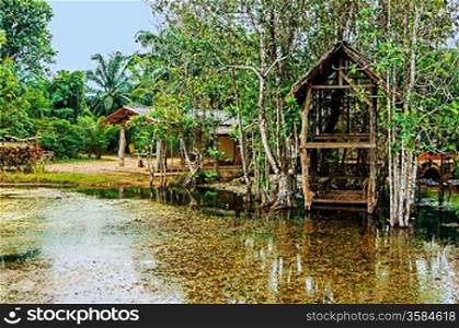 Old wooden house on the lake in the tropics