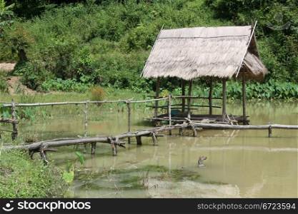 Old wooden hut on the pond in laos