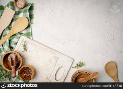 Old wooden kitchen utensils or cooking tools and bowls on white background, top view, flat lay. Kitchenware collection with copy space. Cooking background.. kitchen utensils or cooking tools