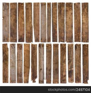 Old wooden planks isolated on white background. Set of 24 unique short rustic weathered wood plank, sharp and highly detailed for design.