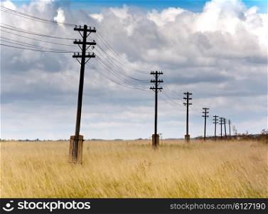 Old wooden poles - the line of electricity transmissions - in the field