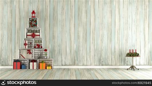Old wooden room with christmas trees made with wooden crates - 3d rendering