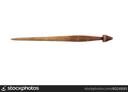 Old wooden spindle isolated on white background