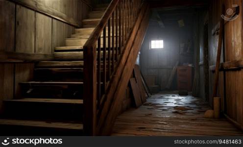 Old wooden stairs to the attic in an old house. Generative AI