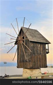 Old wooden windmill on old Nesebar town- Bulgaria