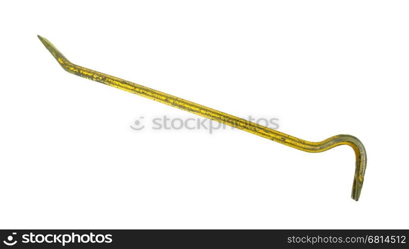 Old yellow crowbar on a white background
