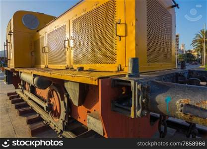 Old yellow diesel locomotive mid-twentieth century for mining