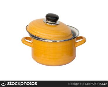 Old yellow metal cooking pot isolated on white