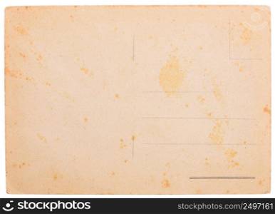 Old yellowed blank postcard, weathered and stained, isolated on white background