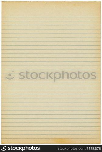 Old yellowing lined blank A4 paper isolated.